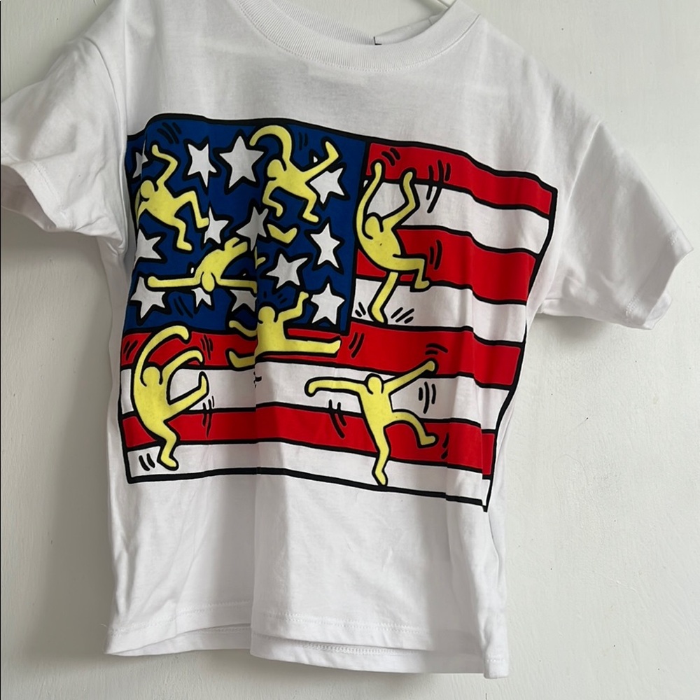 Keigh Haring white and Red Short Sleeve Tee with Flag Design